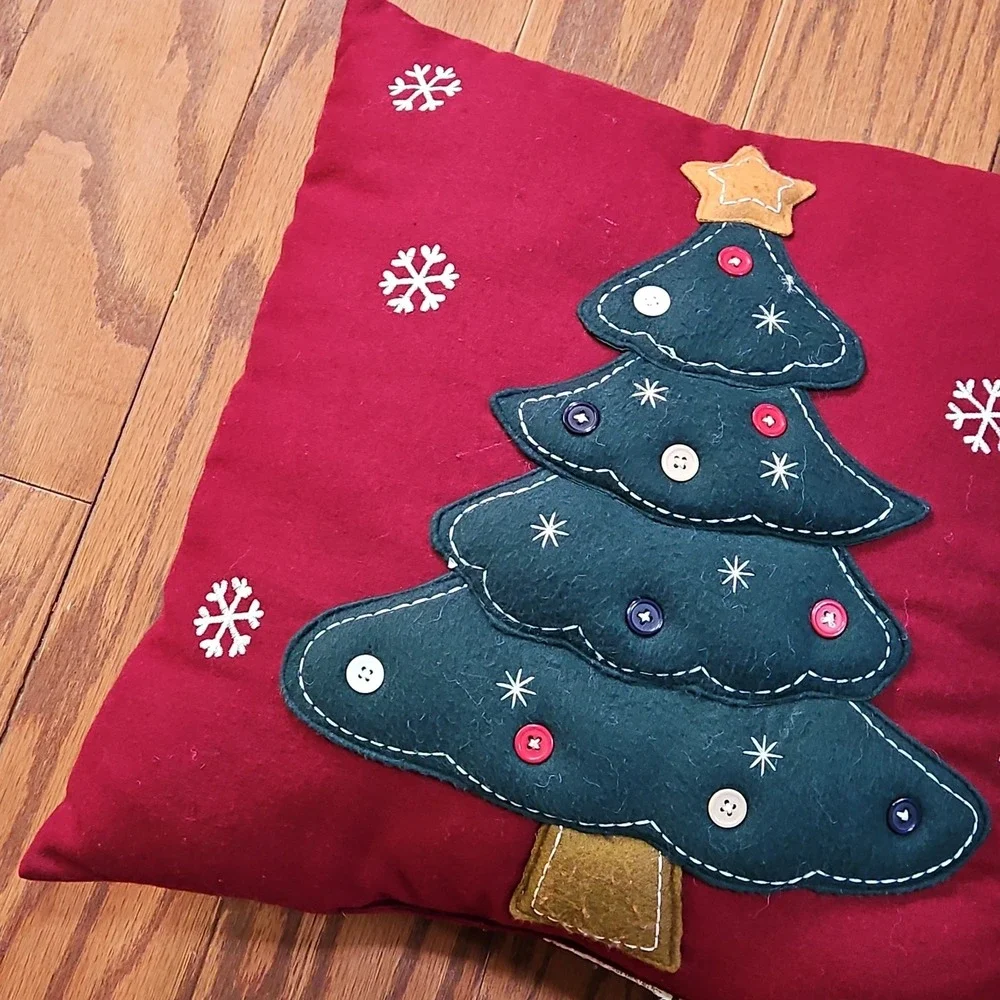 Vintage Christmas Pillow Red Green Tree Snowflakes Couch Square